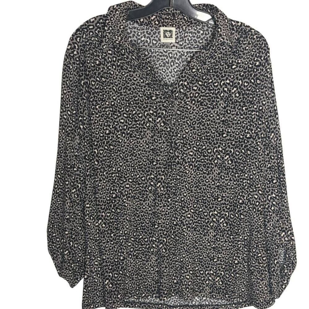Anne Klein Gray Leopard Animal Print Button Front Blouse L Large
